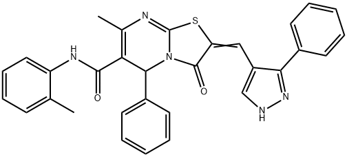 7-methyl-N-(2-methylphenyl)-3-oxo-5-phenyl-2-[(3-phenyl-1H-pyrazol-4-yl)methylene]-2,3-dihydro-5H-[1,3]thiazolo[3,2-a]pyrimidine-6-carboxamide Struktur