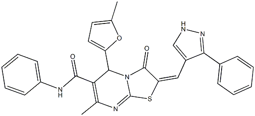 7-methyl-5-(5-methyl-2-furyl)-3-oxo-N-phenyl-2-[(3-phenyl-1H-pyrazol-4-yl)methylene]-2,3-dihydro-5H-[1,3]thiazolo[3,2-a]pyrimidine-6-carboxamide Struktur