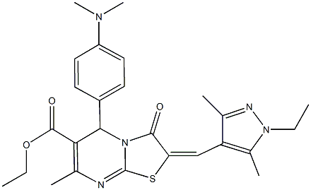 ethyl 5-[4-(dimethylamino)phenyl]-2-[(1-ethyl-3,5-dimethyl-1H-pyrazol-4-yl)methylene]-7-methyl-3-oxo-2,3-dihydro-5H-[1,3]thiazolo[3,2-a]pyrimidine-6-carboxylate Struktur