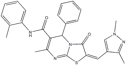 2-[(1,3-dimethyl-1H-pyrazol-4-yl)methylene]-7-methyl-N-(2-methylphenyl)-3-oxo-5-phenyl-2,3-dihydro-5H-[1,3]thiazolo[3,2-a]pyrimidine-6-carboxamide Struktur