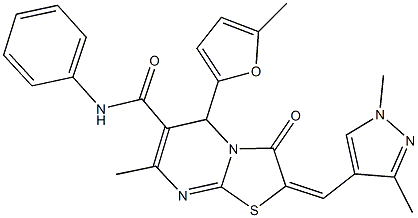 2-[(1,3-dimethyl-1H-pyrazol-4-yl)methylene]-7-methyl-5-(5-methyl-2-furyl)-3-oxo-N-phenyl-2,3-dihydro-5H-[1,3]thiazolo[3,2-a]pyrimidine-6-carboxamide Struktur