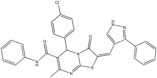 5-(4-chlorophenyl)-7-methyl-3-oxo-N-phenyl-2-[(3-phenyl-1H-pyrazol-4-yl)methylene]-2,3-dihydro-5H-[1,3]thiazolo[3,2-a]pyrimidine-6-carboxamide Struktur