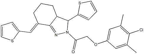 4-chloro-3,5-dimethylphenyl 2-oxo-2-[3-(2-thienyl)-7-(2-thienylmethylene)-3,3a,4,5,6,7-hexahydro-2H-indazol-2-yl]ethyl ether Struktur