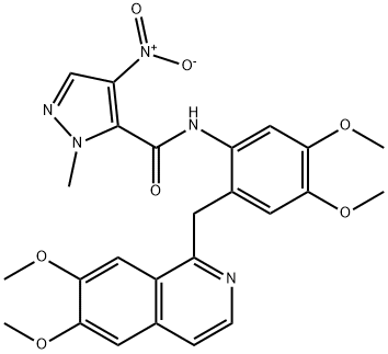 N-{2-[(6,7-dimethoxy-1-isoquinolinyl)methyl]-4,5-dimethoxyphenyl}-4-nitro-1-methyl-1H-pyrazole-5-carboxamide Struktur