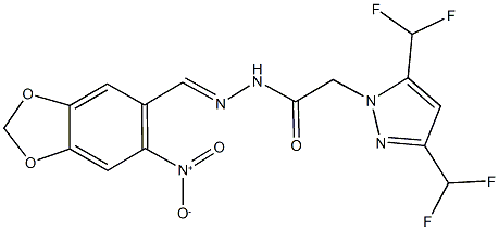 2-[3,5-bis(difluoromethyl)-1H-pyrazol-1-yl]-N'-({6-nitro-1,3-benzodioxol-5-yl}methylene)acetohydrazide Struktur