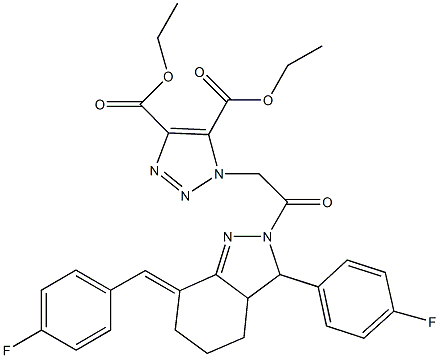 diethyl 1-{2-[7-(4-fluorobenzylidene)-3-(4-fluorophenyl)-3,3a,4,5,6,7-hexahydro-2H-indazol-2-yl]-2-oxoethyl}-1H-1,2,3-triazole-4,5-dicarboxylate Struktur