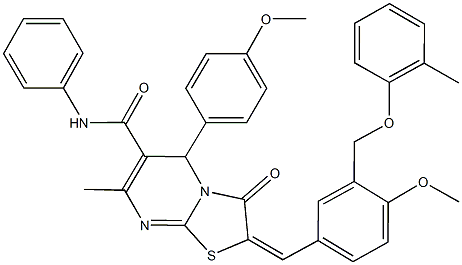 2-{4-methoxy-3-[(2-methylphenoxy)methyl]benzylidene}-5-(4-methoxyphenyl)-7-methyl-3-oxo-N-phenyl-2,3-dihydro-5H-[1,3]thiazolo[3,2-a]pyrimidine-6-carboxamide Struktur