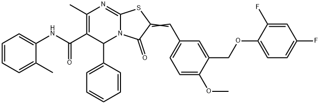 2-{3-[(2,4-difluorophenoxy)methyl]-4-methoxybenzylidene}-7-methyl-N-(2-methylphenyl)-3-oxo-5-phenyl-2,3-dihydro-5H-[1,3]thiazolo[3,2-a]pyrimidine-6-carboxamide Struktur