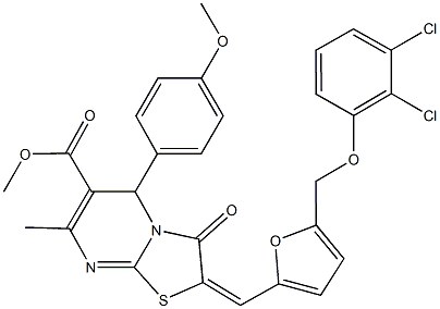 methyl 2-({5-[(2,3-dichlorophenoxy)methyl]-2-furyl}methylene)-5-(4-methoxyphenyl)-7-methyl-3-oxo-2,3-dihydro-5H-[1,3]thiazolo[3,2-a]pyrimidine-6-carboxylate Struktur