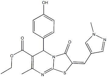 ethyl 5-(4-hydroxyphenyl)-7-methyl-2-[(1-methyl-1H-pyrazol-4-yl)methylene]-3-oxo-2,3-dihydro-5H-[1,3]thiazolo[3,2-a]pyrimidine-6-carboxylate Struktur