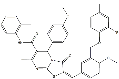 2-{3-[(2,4-difluorophenoxy)methyl]-4-methoxybenzylidene}-5-(4-methoxyphenyl)-7-methyl-N-(2-methylphenyl)-3-oxo-2,3-dihydro-5H-[1,3]thiazolo[3,2-a]pyrimidine-6-carboxamide Struktur