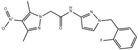 N-[1-(2-fluorobenzyl)-1H-pyrazol-3-yl]-2-{4-nitro-3,5-dimethyl-1H-pyrazol-1-yl}acetamide Struktur