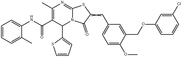 2-{3-[(3-chlorophenoxy)methyl]-4-methoxybenzylidene}-7-methyl-N-(2-methylphenyl)-3-oxo-5-(2-thienyl)-2,3-dihydro-5H-[1,3]thiazolo[3,2-a]pyrimidine-6-carboxamide Struktur