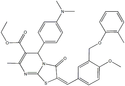 ethyl 5-[4-(dimethylamino)phenyl]-2-{4-methoxy-3-[(2-methylphenoxy)methyl]benzylidene}-7-methyl-3-oxo-2,3-dihydro-5H-[1,3]thiazolo[3,2-a]pyrimidine-6-carboxylate Struktur