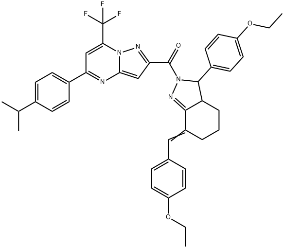 2-{[7-(4-ethoxybenzylidene)-3-(4-ethoxyphenyl)-3,3a,4,5,6,7-hexahydro-2H-indazol-2-yl]carbonyl}-5-(4-isopropylphenyl)-7-(trifluoromethyl)pyrazolo[1,5-a]pyrimidine Struktur