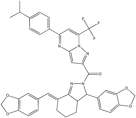 2-{[3-(1,3-benzodioxol-5-yl)-7-(1,3-benzodioxol-5-ylmethylene)-3,3a,4,5,6,7-hexahydro-2H-indazol-2-yl]carbonyl}-5-(4-isopropylphenyl)-7-(trifluoromethyl)pyrazolo[1,5-a]pyrimidine Struktur