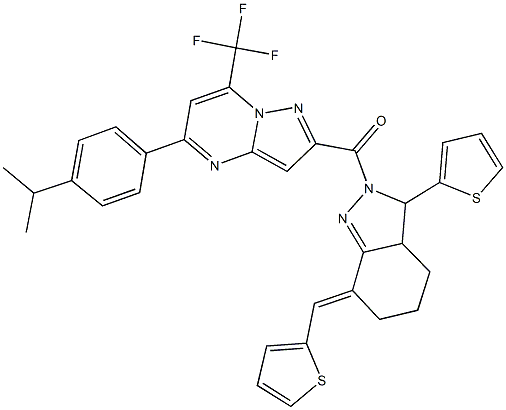 5-(4-isopropylphenyl)-2-{[3-(2-thienyl)-7-(2-thienylmethylene)-3,3a,4,5,6,7-hexahydro-2H-indazol-2-yl]carbonyl}-7-(trifluoromethyl)pyrazolo[1,5-a]pyrimidine Struktur