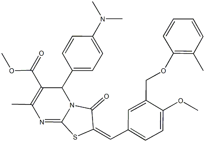 methyl 5-[4-(dimethylamino)phenyl]-2-{4-methoxy-3-[(2-methylphenoxy)methyl]benzylidene}-7-methyl-3-oxo-2,3-dihydro-5H-[1,3]thiazolo[3,2-a]pyrimidine-6-carboxylate Struktur