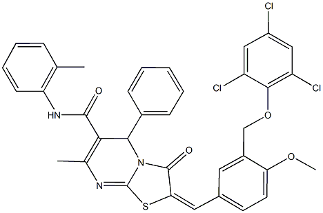 2-{4-methoxy-3-[(2,4,6-trichlorophenoxy)methyl]benzylidene}-7-methyl-N-(2-methylphenyl)-3-oxo-5-phenyl-2,3-dihydro-5H-[1,3]thiazolo[3,2-a]pyrimidine-6-carboxamide Struktur