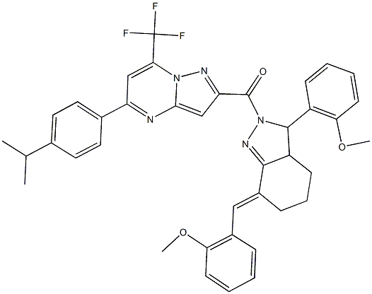 5-(4-isopropylphenyl)-2-{[7-(2-methoxybenzylidene)-3-(2-methoxyphenyl)-3,3a,4,5,6,7-hexahydro-2H-indazol-2-yl]carbonyl}-7-(trifluoromethyl)pyrazolo[1,5-a]pyrimidine Struktur