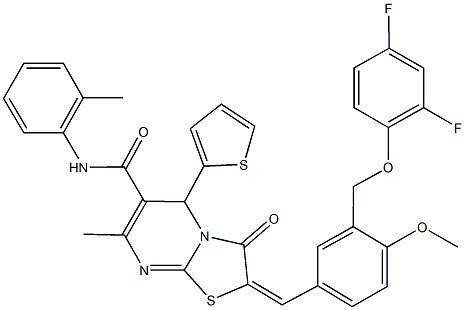 2-{3-[(2,4-difluorophenoxy)methyl]-4-methoxybenzylidene}-7-methyl-N-(2-methylphenyl)-3-oxo-5-(2-thienyl)-2,3-dihydro-5H-[1,3]thiazolo[3,2-a]pyrimidine-6-carboxamide Struktur