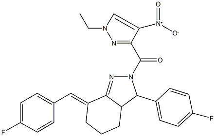 2-({1-ethyl-4-nitro-1H-pyrazol-3-yl}carbonyl)-7-(4-fluorobenzylidene)-3-(4-fluorophenyl)-3,3a,4,5,6,7-hexahydro-2H-indazole Struktur