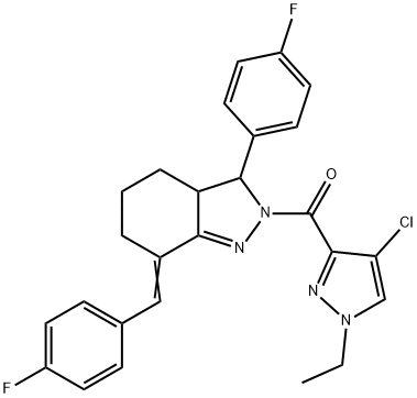 2-[(4-chloro-1-ethyl-1H-pyrazol-3-yl)carbonyl]-7-(4-fluorobenzylidene)-3-(4-fluorophenyl)-3,3a,4,5,6,7-hexahydro-2H-indazole Struktur