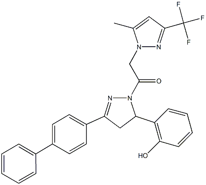 2-(3-[1,1'-biphenyl]-4-yl-1-{[5-methyl-3-(trifluoromethyl)-1H-pyrazol-1-yl]acetyl}-4,5-dihydro-1H-pyrazol-5-yl)phenol Struktur