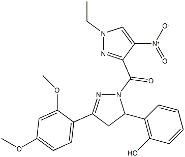 2-[3-(2,4-dimethoxyphenyl)-1-({1-ethyl-4-nitro-1H-pyrazol-3-yl}carbonyl)-4,5-dihydro-1H-pyrazol-5-yl]phenol Struktur