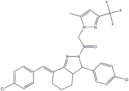 7-(4-chlorobenzylidene)-3-(4-chlorophenyl)-2-{[5-methyl-3-(trifluoromethyl)-1H-pyrazol-1-yl]acetyl}-3,3a,4,5,6,7-hexahydro-2H-indazole Struktur