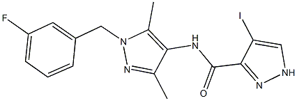 N-[1-(3-fluorobenzyl)-3,5-dimethyl-1H-pyrazol-4-yl]-4-iodo-1H-pyrazole-3-carboxamide Struktur