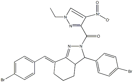 7-(4-bromobenzylidene)-3-(4-bromophenyl)-2-({1-ethyl-4-nitro-1H-pyrazol-3-yl}carbonyl)-3,3a,4,5,6,7-hexahydro-2H-indazole Struktur