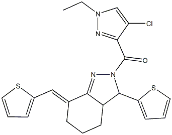 2-[(4-chloro-1-ethyl-1H-pyrazol-3-yl)carbonyl]-3-(2-thienyl)-7-(2-thienylmethylene)-3,3a,4,5,6,7-hexahydro-2H-indazole Struktur