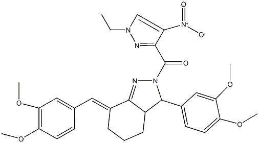 7-(3,4-dimethoxybenzylidene)-3-(3,4-dimethoxyphenyl)-2-({1-ethyl-4-nitro-1H-pyrazol-3-yl}carbonyl)-3,3a,4,5,6,7-hexahydro-2H-indazole Struktur