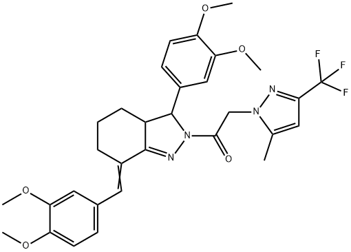 7-(3,4-dimethoxybenzylidene)-3-(3,4-dimethoxyphenyl)-2-{[5-methyl-3-(trifluoromethyl)-1H-pyrazol-1-yl]acetyl}-3,3a,4,5,6,7-hexahydro-2H-indazole Struktur