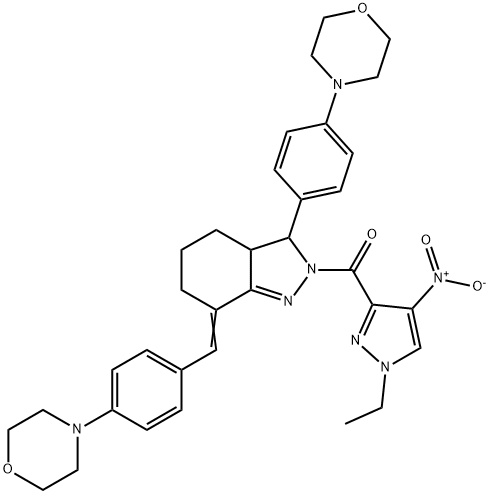 2-({1-ethyl-4-nitro-1H-pyrazol-3-yl}carbonyl)-7-[4-(4-morpholinyl)benzylidene]-3-[4-(4-morpholinyl)phenyl]-3,3a,4,5,6,7-hexahydro-2H-indazole Struktur