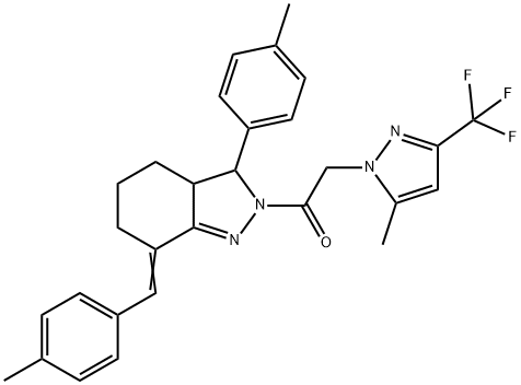 7-(4-methylbenzylidene)-3-(4-methylphenyl)-2-{[5-methyl-3-(trifluoromethyl)-1H-pyrazol-1-yl]acetyl}-3,3a,4,5,6,7-hexahydro-2H-indazole Struktur