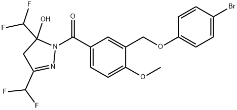 1-{3-[(4-bromophenoxy)methyl]-4-methoxybenzoyl}-3,5-bis(difluoromethyl)-4,5-dihydro-1H-pyrazol-5-ol Struktur