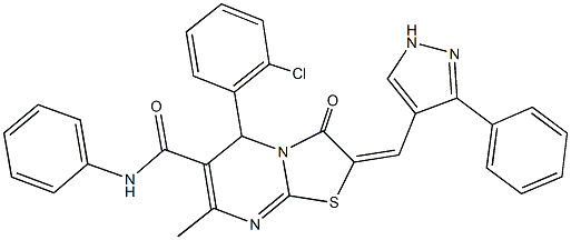 5-(2-chlorophenyl)-7-methyl-3-oxo-N-phenyl-2-[(3-phenyl-1H-pyrazol-4-yl)methylene]-2,3-dihydro-5H-[1,3]thiazolo[3,2-a]pyrimidine-6-carboxamide Struktur