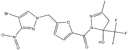 1-[5-({4-bromo-3-nitro-1H-pyrazol-1-yl}methyl)-2-furoyl]-3-methyl-5-(trifluoromethyl)-4,5-dihydro-1H-pyrazol-5-ol Struktur