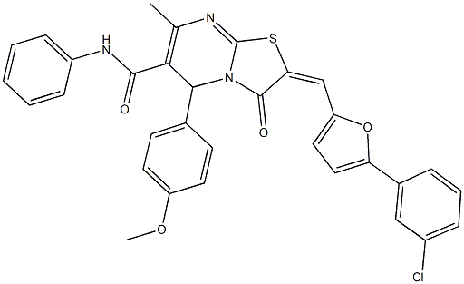 2-{[5-(3-chlorophenyl)-2-furyl]methylene}-5-(4-methoxyphenyl)-7-methyl-3-oxo-N-phenyl-2,3-dihydro-5H-[1,3]thiazolo[3,2-a]pyrimidine-6-carboxamide Struktur