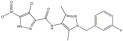 4-chloro-N-[1-(3-fluorobenzyl)-3,5-dimethyl-1H-pyrazol-4-yl]-5-nitro-1H-pyrazole-3-carboxamide Struktur