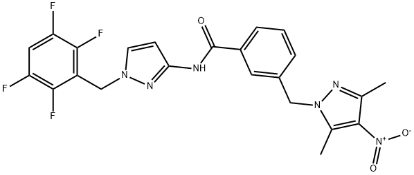 3-({4-nitro-3,5-dimethyl-1H-pyrazol-1-yl}methyl)-N-[1-(2,3,5,6-tetrafluorobenzyl)-1H-pyrazol-3-yl]benzamide Struktur