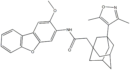 2-[3-(3,5-dimethyl-4-isoxazolyl)-1-adamantyl]-N-(2-methoxydibenzo[b,d]furan-3-yl)acetamide Struktur