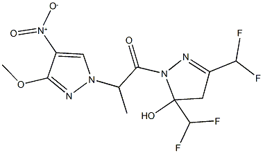 3,5-bis(difluoromethyl)-1-(2-{4-nitro-3-methoxy-1H-pyrazol-1-yl}propanoyl)-4,5-dihydro-1H-pyrazol-5-ol Struktur