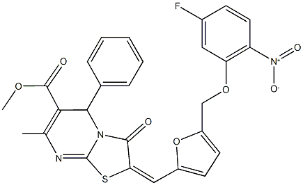 methyl 2-{[5-({5-fluoro-2-nitrophenoxy}methyl)-2-furyl]methylene}-7-methyl-3-oxo-5-phenyl-2,3-dihydro-5H-[1,3]thiazolo[3,2-a]pyrimidine-6-carboxylate Struktur