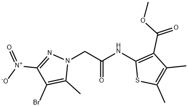 methyl 2-[({4-bromo-3-nitro-5-methyl-1H-pyrazol-1-yl}acetyl)amino]-4,5-dimethylthiophene-3-carboxylate Struktur