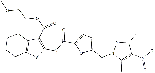 2-methoxyethyl 2-{[5-({4-nitro-3,5-dimethyl-1H-pyrazol-1-yl}methyl)-2-furoyl]amino}-4,5,6,7-tetrahydro-1-benzothiophene-3-carboxylate Struktur