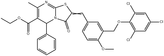 ethyl 2-{4-methoxy-3-[(2,4,6-trichlorophenoxy)methyl]benzylidene}-7-methyl-3-oxo-5-phenyl-2,3-dihydro-5H-[1,3]thiazolo[3,2-a]pyrimidine-6-carboxylate Struktur