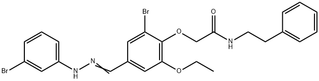 2-{2-bromo-4-[2-(3-bromophenyl)carbohydrazonoyl]-6-ethoxyphenoxy}-N-(2-phenylethyl)acetamide Struktur